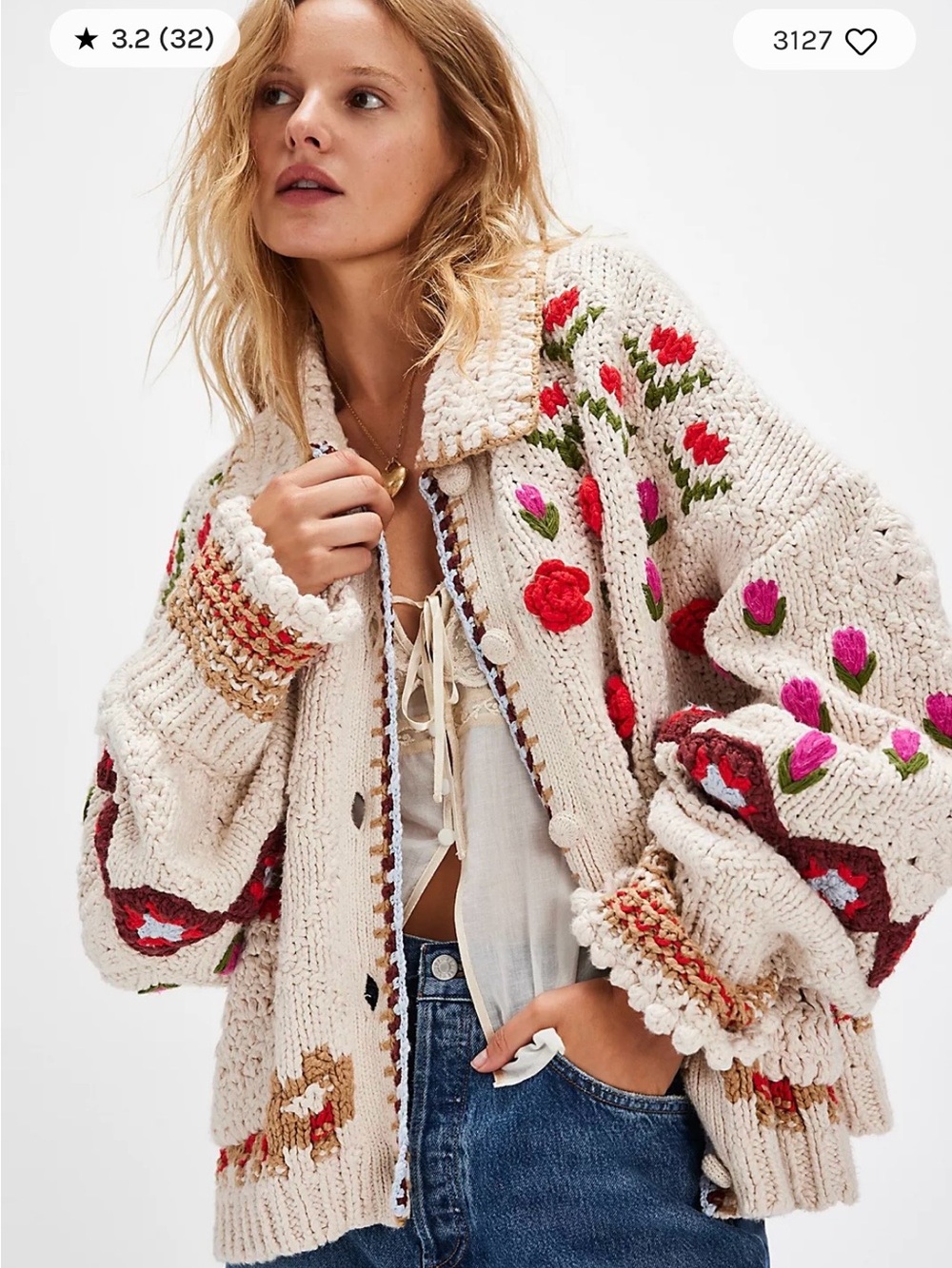 Free People Cream Crochet Cardigan with Red & Pink Floral Embroidery